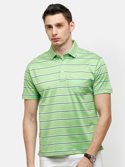 

Classic Polo Men Green Striped Polo Collar Pockets T-shirt