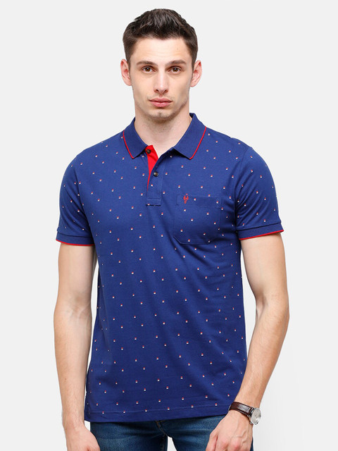 

Classic Polo Men Blue Printed Polo Collar Pockets Slim Fit T-shirt