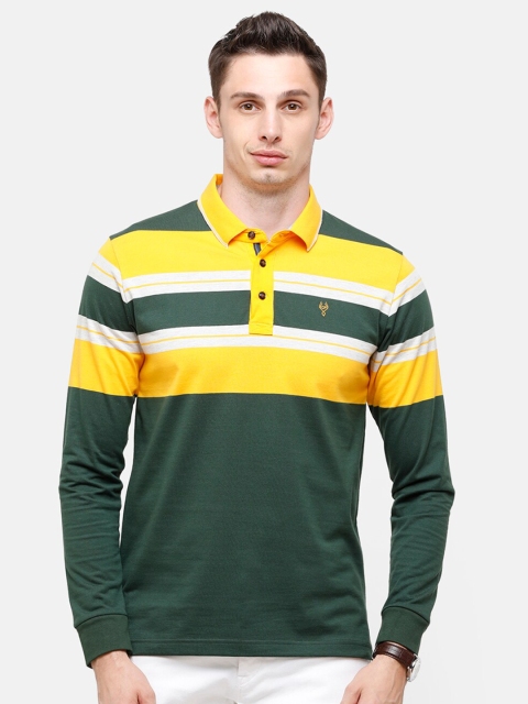

Classic Polo Men Olive Green Striped Polo Collar Applique Slim Fit T-shirt