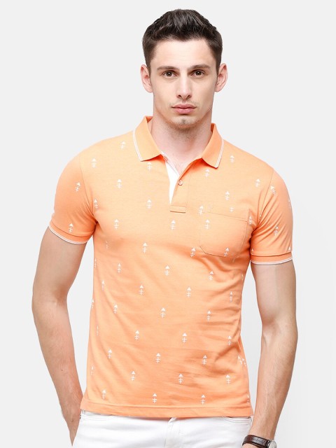 

Classic Polo Men Orange Printed Polo Collar Pockets Slim Fit T-shirt