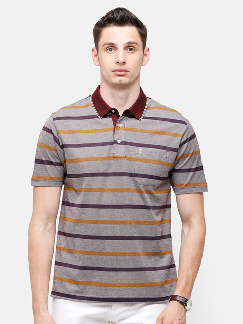 

Classic Polo Men Brown Striped Polo Collar Pockets T-shirt