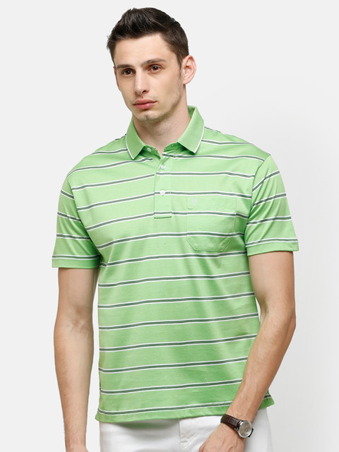 

Classic Polo Men Green Striped Polo Collar Pockets T-shirt