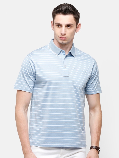 

Classic Polo Men Blue Striped Polo Collar Pockets Pure Cotton T-shirt