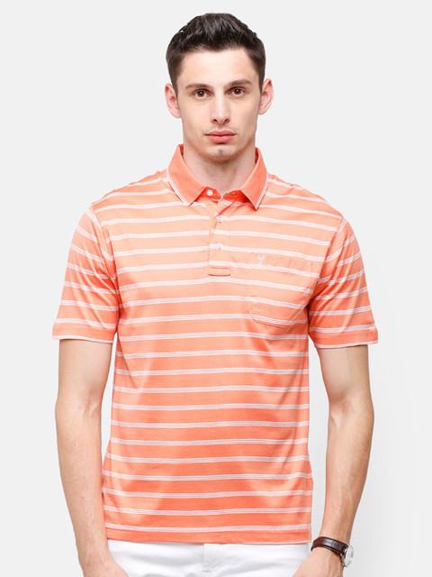 

Classic Polo Men Orange Striped Polo Collar Pockets Pure Cotton T-shirt
