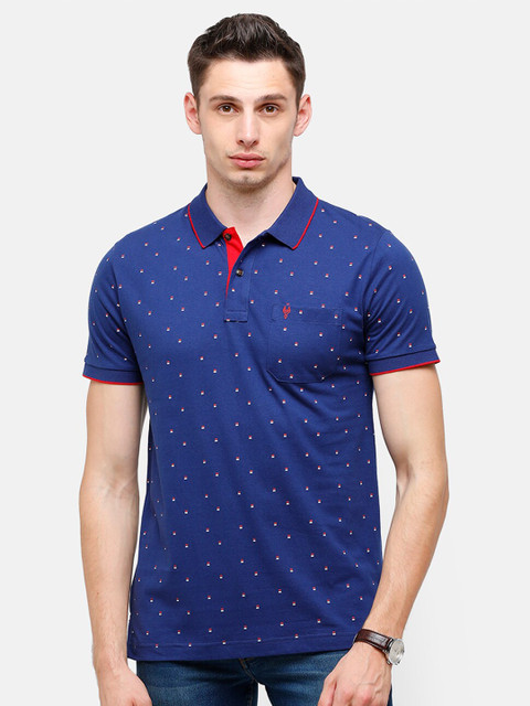 

Classic Polo Men Blue Printed Polo Collar Pockets Slim Fit Pure Cotton T-shirt