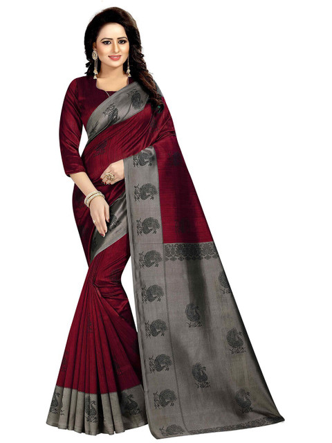 

MOKSHA DESIGNS Maroon & Grey Ethnic Motifs Printed Pure Silk Kanjeevaram Saree