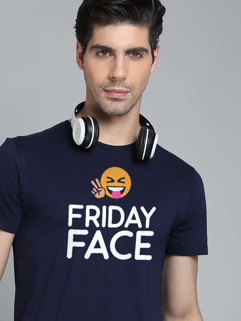 

Free Authority Men Navy Blue Emoji One Printed Cotton T-shirt