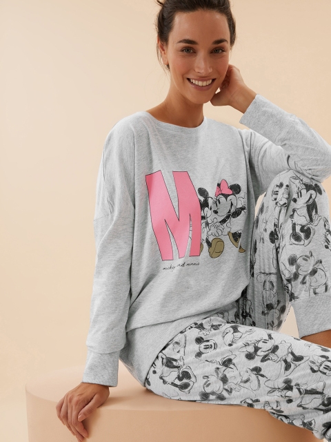 

Marks & Spencer Women Grey Melange & Black Mickey & Minnie Mouse Print Pyjama Set