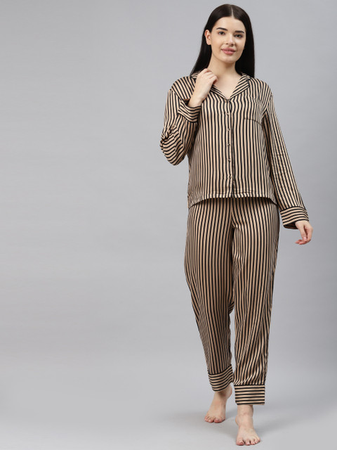 

Marks & Spencer Women Black & Brown Striped Night suit