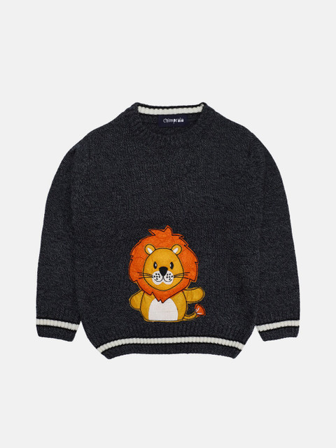 

CHIMPRALA Boys Navy Blue & Orange Printed Woolen Pullover with Applique Detail