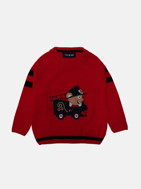 

CHIMPRALA Boys Red & Black Embroidered Pullover with Applique Detail