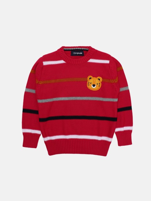 

CHIMPRALA Boys Peach-Coloured & White Striped Pullover with Applique Detail