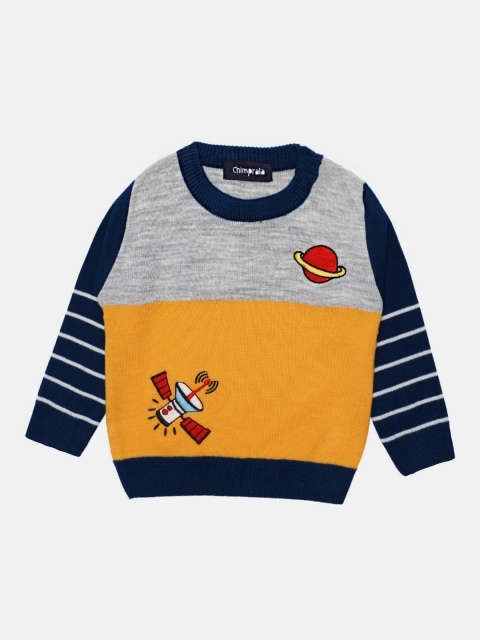 

CHIMPRALA Boys Grey & Blue Colourblocked Wool Pullover with Applique Detail