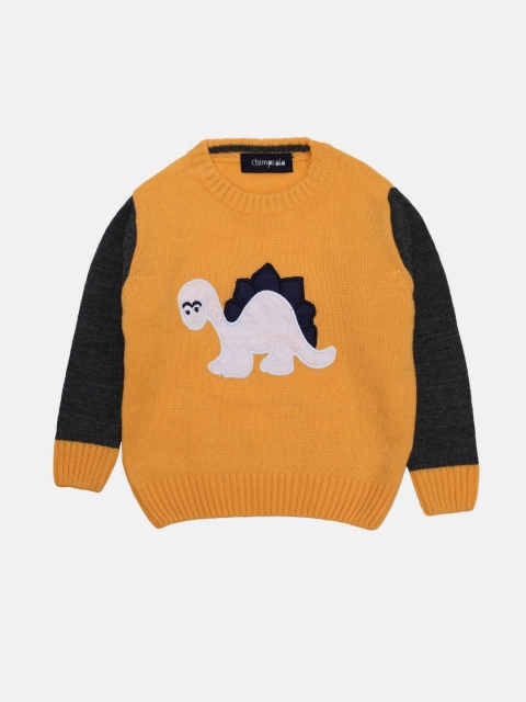 

CHIMPRALA Boys Yellow & Grey Embroidered Woolen Pullover with Applique Detail