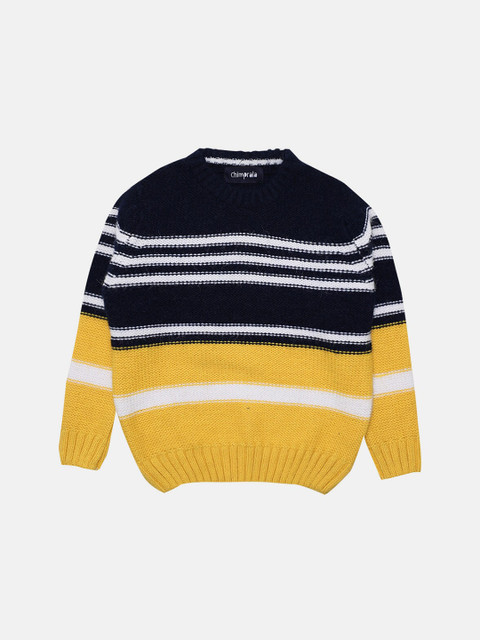 

CHIMPRALA Boys Navy Blue & Yellow Striped Wool Pullover