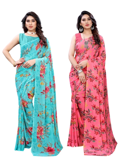 

KALINI Pack of 2 Turquoise Blue & Pink Printed Sarees