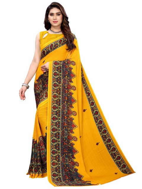 

KALINI Mustard Yellow & Blue Kalamkari Saree