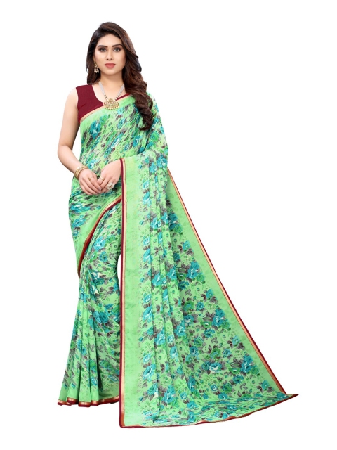 

KALINI Green & Blue Floral Printed Pure Georgette Saree