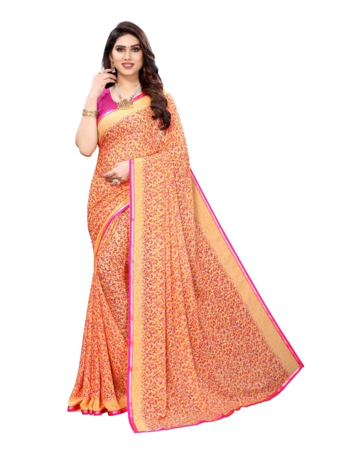 

KALINI Orange & Pink Floral Pure Georgette Saree
