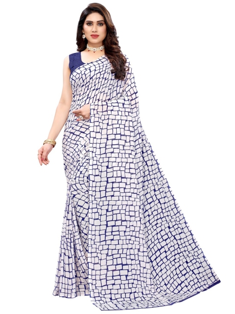 

KALINI White & Navy Blue Geometric Printed Saree