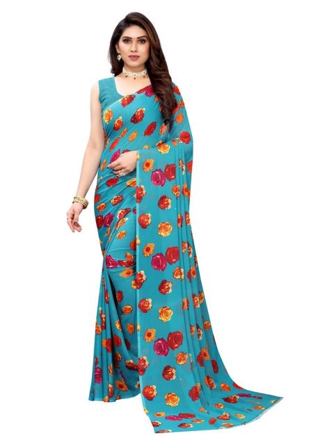 

KALINI Turquoise Blue & Red Floral Saree