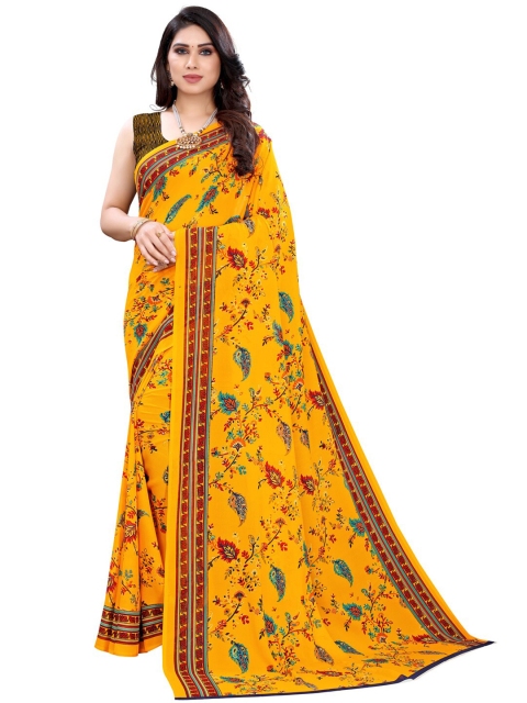 

KALINI Mustard Yellow & Red Floral Printed Saree