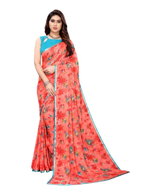 

KALINI Pink & Blue Floral Pure Georgette Saree