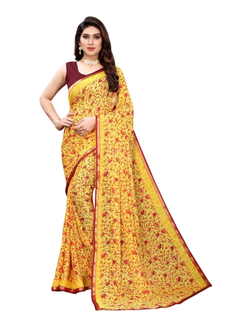 

KALINI Yellow & Red Floral Pure Georgette Saree