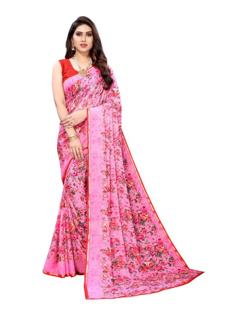 

KALINI Pink & Grey Floral Printed Pure Georgette Saree