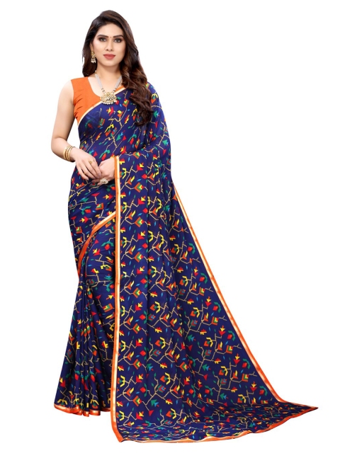 

KALINI Navy Blue & Red Floral Pure Georgette Saree