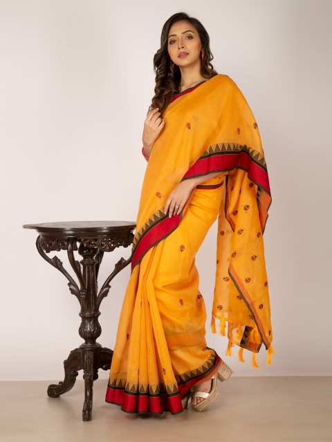 

Unnati Silks Women Orange & Red Cross Stitched Embroidered Bhagalpuri Sico Saree