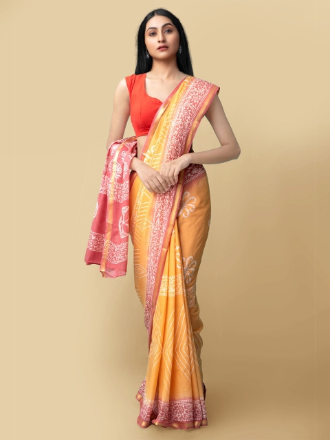 

Unnati Silks Women Orange & Pink Pure Preet Block Printed Mulmul Cotton Sustainable Saree