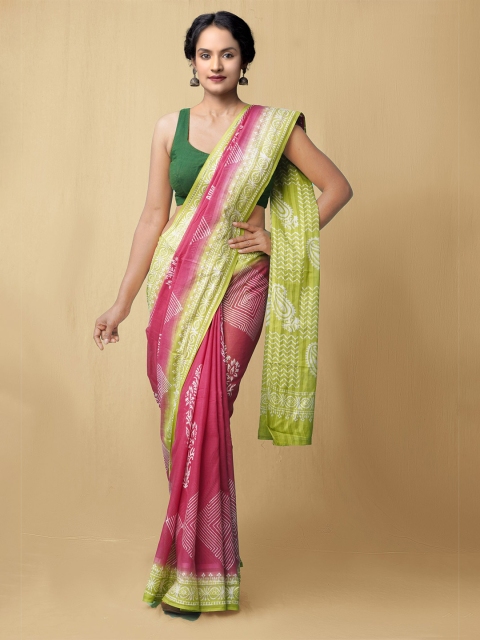 

Unnati Silks Women Pink & Green Pure Preet Block Printed Kota Cotton Saree