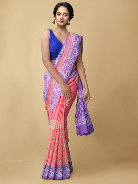 

Unnati Silks Women Pink & Purple Pure Preet Block Printed Kota Cotton Sustainable Saree