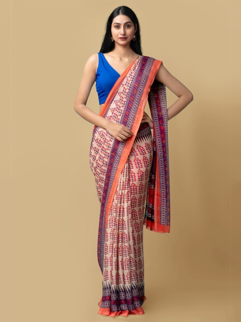 

Unnati Silks Brown & Orange Floral Art Silk Block Print Saree