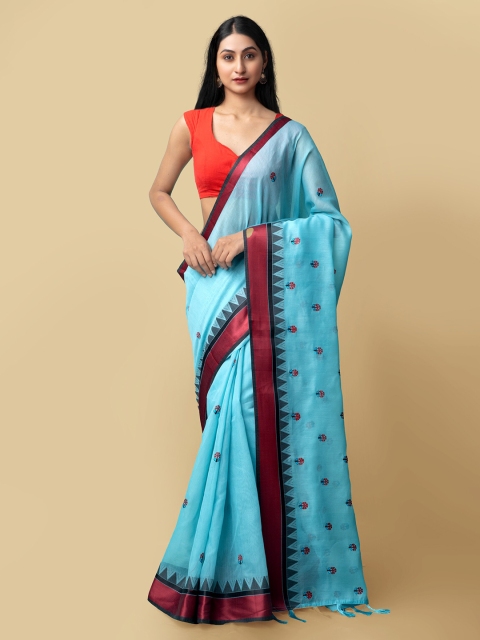 

Unnati Silks Women Blue & Black Cross Stitched Embroidered Bhagalpuri Sico Saree