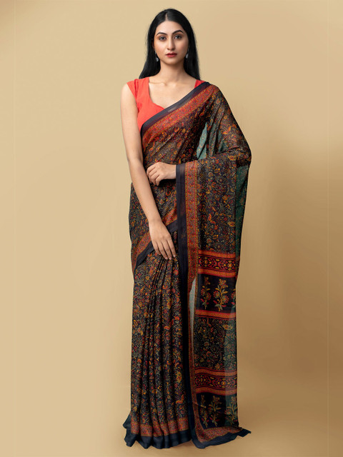 

Unnati Silks Black & Red Floral Art Silk Block Print Saree