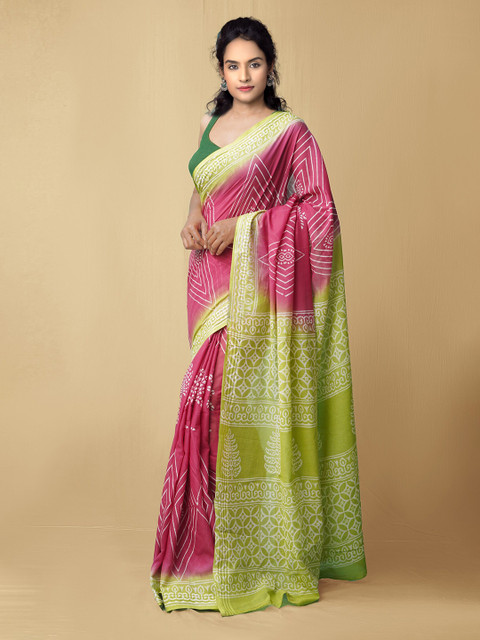 

Unnati Silks Women Pink & Green Pure Preet Block Printed Kota Cotton Saree