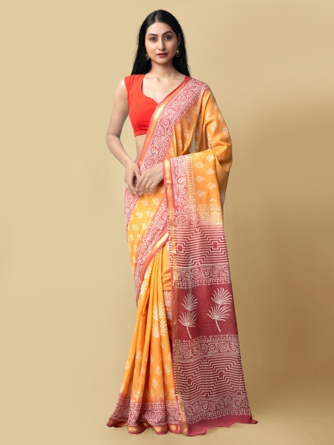 

Unnati Silks Women Orange & Gold-Toned Pure Preet Block Printed Mulmul Cotton Sustainable Saree
