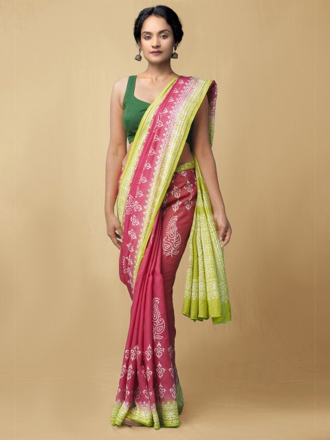 

Unnati Silks Women Pink & Green Pure Preet Block Printed Kota Cotton Saree