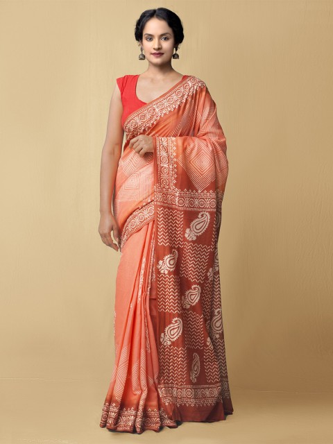 

Unnati Silks Women Peach-Coloured & White Pure Preet Block Printed Kota Cotton Sustainable Saree