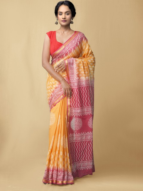 

Unnati Silks Women Orange & Pink Pure Preet Block Printed Mulmul Cotton Sustainable Saree