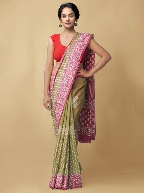 

Unnati Silks Women Green & Pink Pure Preet Block Printed Kota Cotton Sustainable Saree