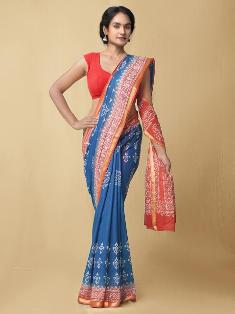 

Unnati Silks Women Blue & Red Pure Preet Block Printed Mulmul Cotton Sustainable Saree