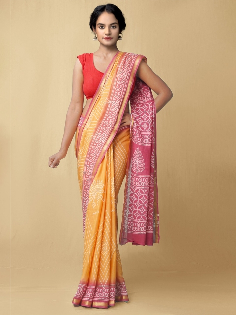 

Unnati Silks Women Orange & Pink Pure Preet Block Printed Mulmul Cotton Saree