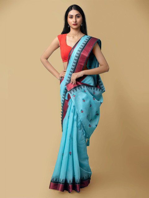 

Unnati Silks Women Blue Cross Stitched Embroidered Bhagalpuri Sico Saree