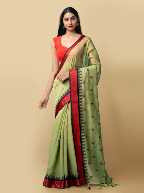 

Unnati Silks Women Green & Red Cross Stitched Embroidered Bhagalpuri Sico Saree
