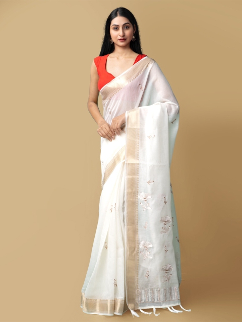 

Unnati Silks White & Gold Floral Zari Silk Cotton Bhagalpuri Saree