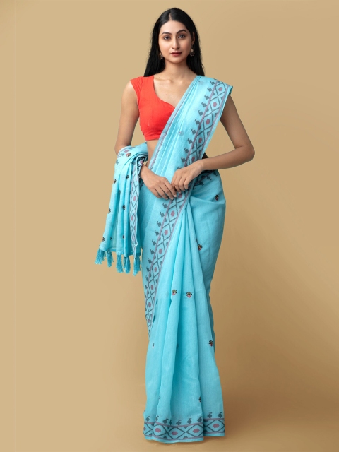 

Unnati Silks Women Blue & Pink Cross Stitched Embroidered Bhagalpuri Sico Saree