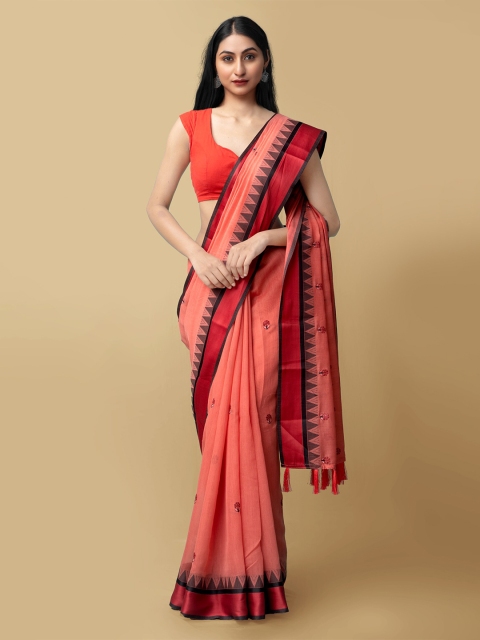 

Unnati Silks Red & Black Floral Silk Cotton Bhagalpuri Saree